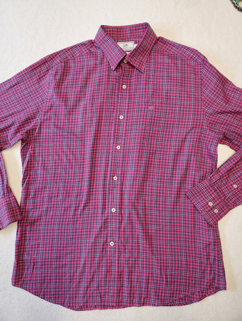 Southern Tide Mens L Classic Fit Plaid Button Down Shirt Pink Navy Preppy EUC